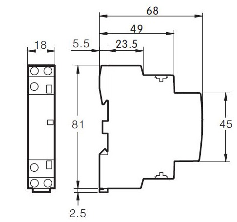 Dimensiones contactor modular 25A 2 polos
